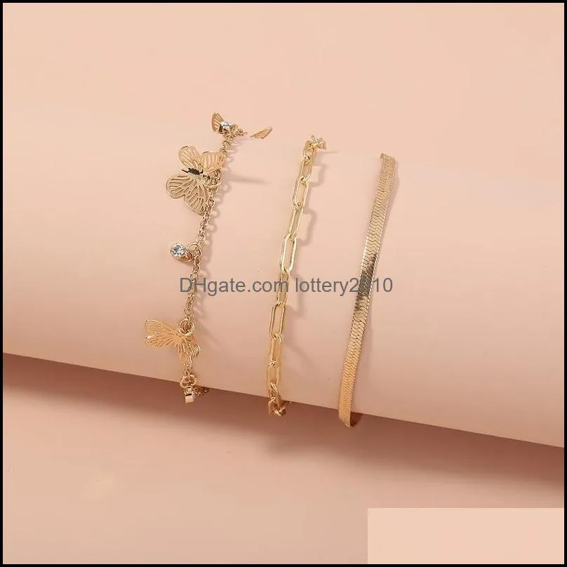 Link, Chain Minimalist Metal Bracelets Set For Women Boho Simple Gold Color Butterfly Pendant Charm Bangles Fashion Jewelry