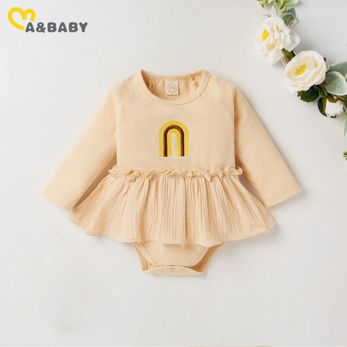 0-24M Spring Autumn born Infant Baby Girl Ruffles Romper Embroidery Rainbow Long Sleeve Jumpsuit Cute Clothes 210515