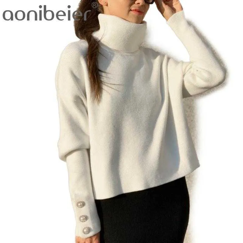 Dames Casual Solid Sweater Herfst Winter Lange Mouwen Turtleneck Pullover Button Gebreide Jumper Vrouw 210604