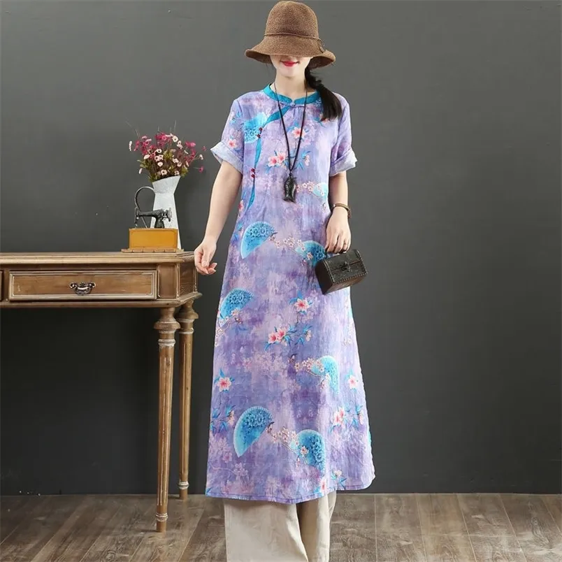 Yaz Vintage Çiçek Sanatı Cheongsam Disk Düğmesi Artı Boyutu Zarif Kısa Kollu Elbise Kadınlar Ücretsiz 210527