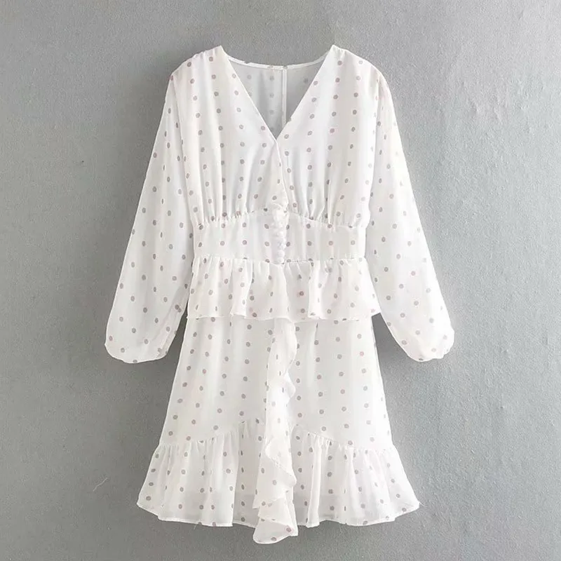 Sweet Chic Dot Imprimé Volants Robe Femmes Mode V Cou Robes Mignonnes Filles À Manches Longues Mini Robes 210520