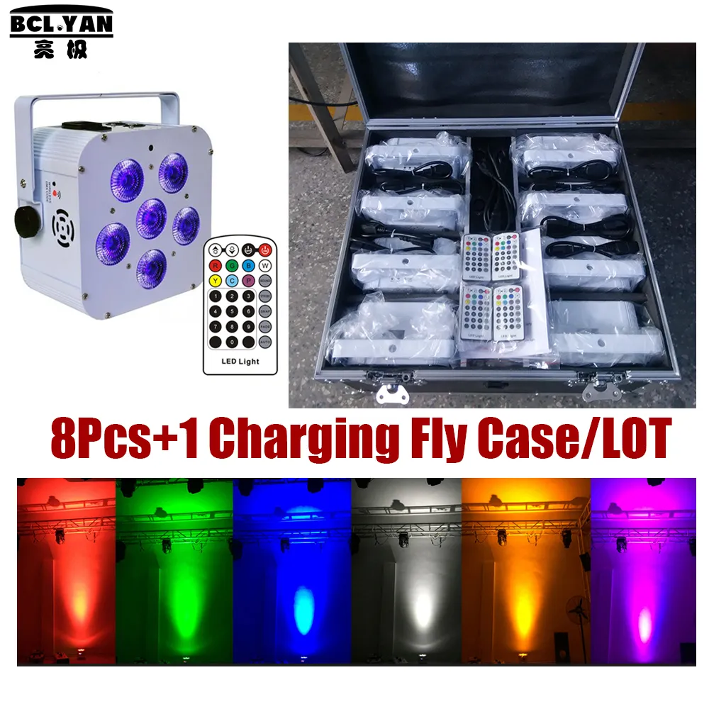 أضواء التحكم عن بُعد الأشعة تحت الحمراء RGBAW UV LED UPLESTS WEDDAY PARTY DMX PAR 6X18W (حالة بيضاء) (8 PCS +1 FLY CASE /LOT)