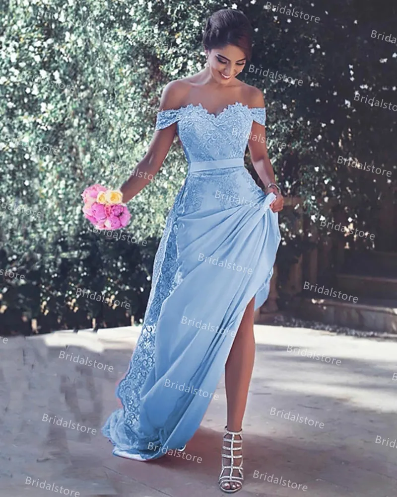 Eleganckie jasnoniebieskie różowy arabski suknia wieczorowa sexy na ramieniu koronki syrenki balu sukienki Dubaj satynowy Robe de Mariée Femme Vestidos Fiesta Formaltes