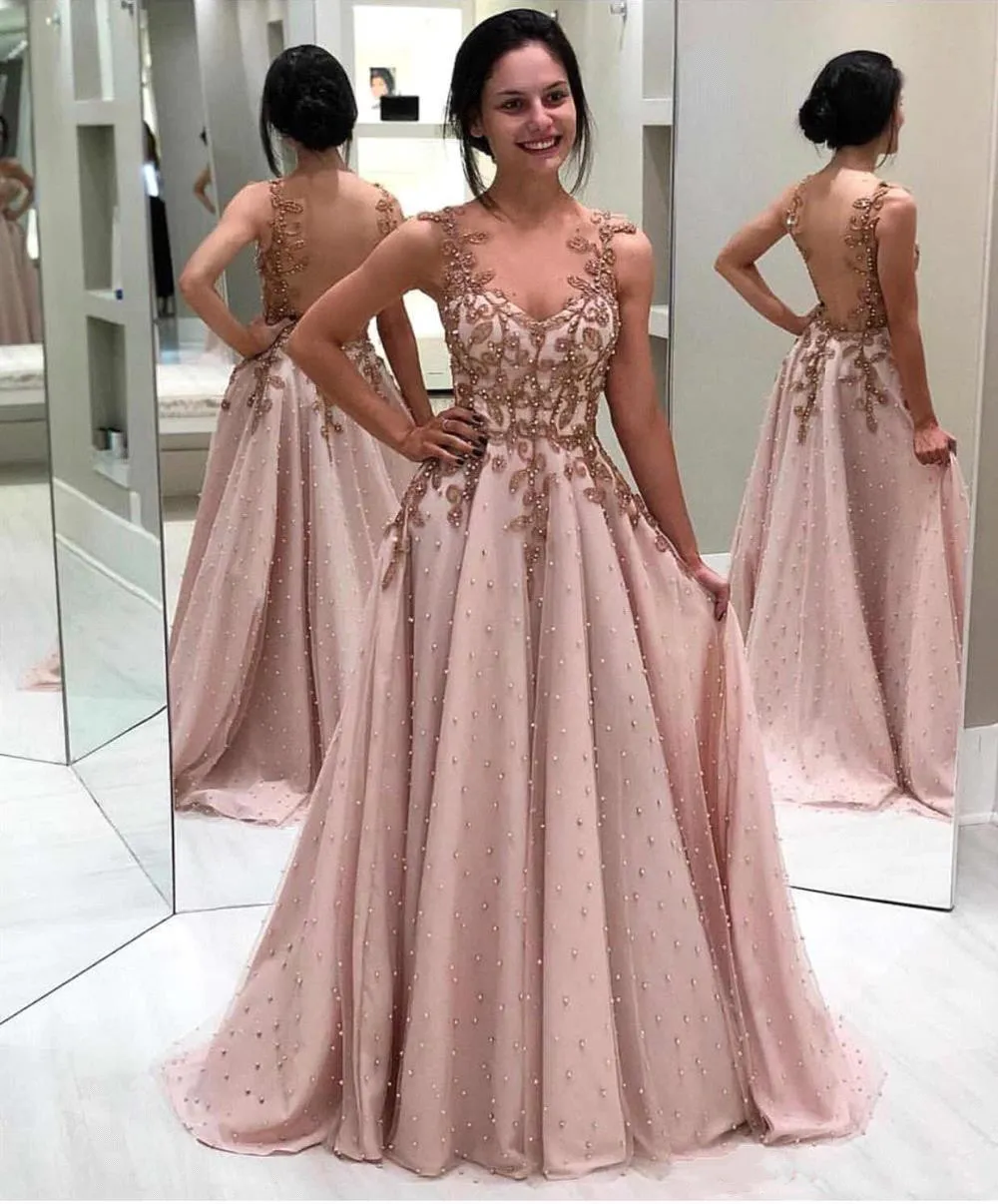 Pink Long Prom Dresses Tulle Lace Applique Beaded Seen Through Back Floor Length Formal Party Evening Gowns