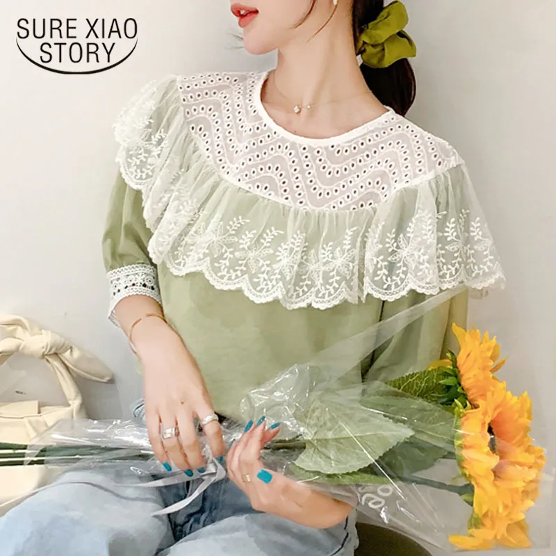 Zielone Koronki Koszule Łączone Lato Słodkie Szyfonowe Bluzki Koreański Moda Ruffles Kobiety Luźne Topy Blusas Odzież 9555 210417