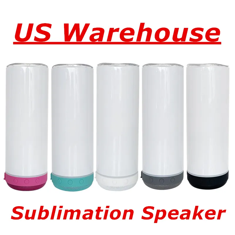 Local US Warehouse! Sublimering högtalare 20oz vit tomma musik tumblers med vit grå grön rosa svart botten avgiftsbar rostfritt stål vattenflaskor koppar A12