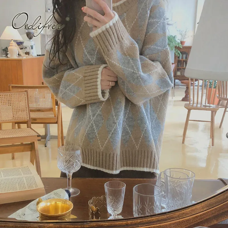Осень зимние женщины клетки вязаные пуловер повседневный свободный женский свитер джемпер 210415