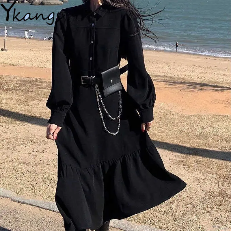 ブラックゴシック不規則なヴィンテージコーデュロイロングドレスシャツ女性スプリング長袖ランタンスリーブローブ韓国女性オフィス210619