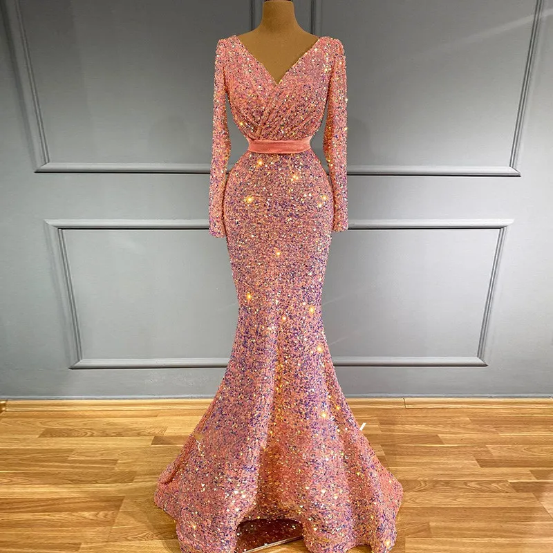 Erröten Rosa Pailletten Meerjungfrau Muslimischen Abendkleider Langarm 2022 Luxus afrikanische asoebi Prom Formale Kleid für Frauen Party Kleider GWN255235