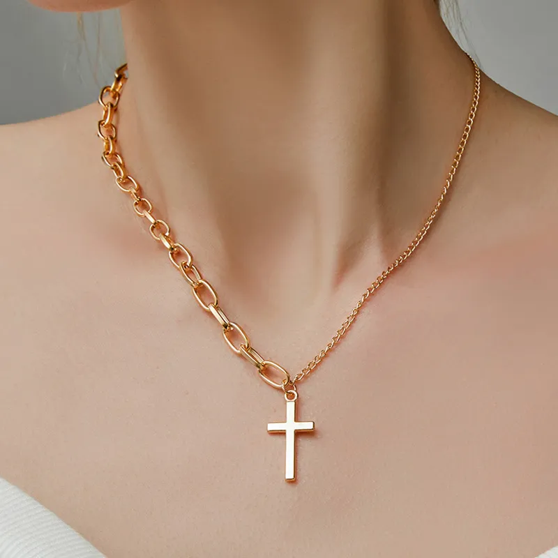 Gold Cross Chain Necklace For Women Trendy Christian Statement