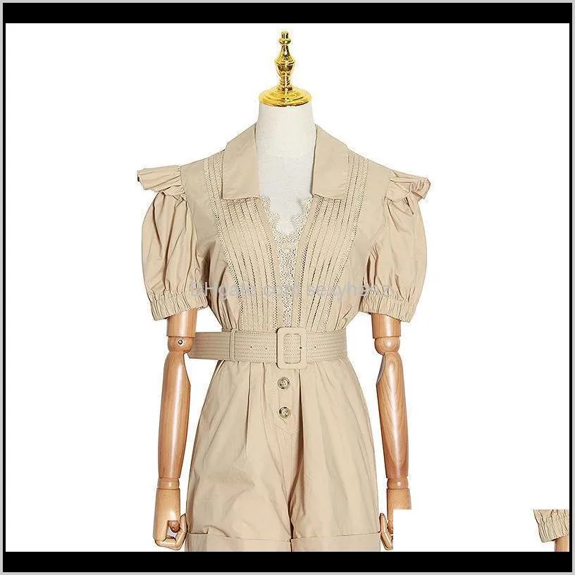 2020 summer women jumpsuit ruffles puff sleeves v-neck vintage rompers womens jumpsuit lace summer shorts