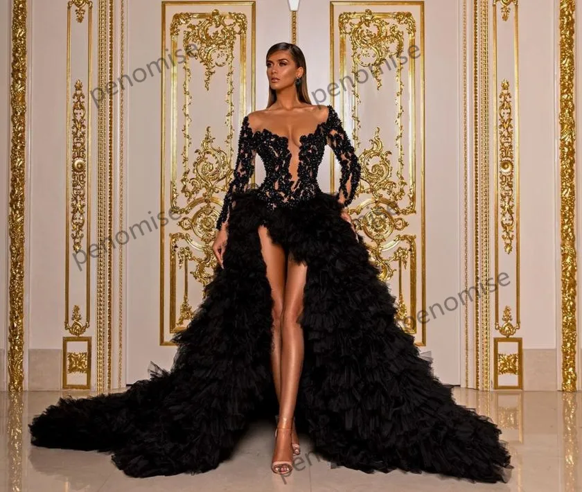 A-line V-neck Long Sleeves Appliques Black Evening Gowns Prom Dresses –  Pgmdress