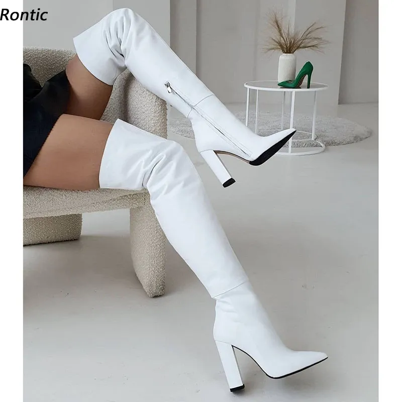 Rontic Neue Ankunft Frauen Winter Overknee Stiefel Kunstleder Chunky Heels Spitzschuh Elegante Weiße Kleid Schuhe US Größe 5-15
