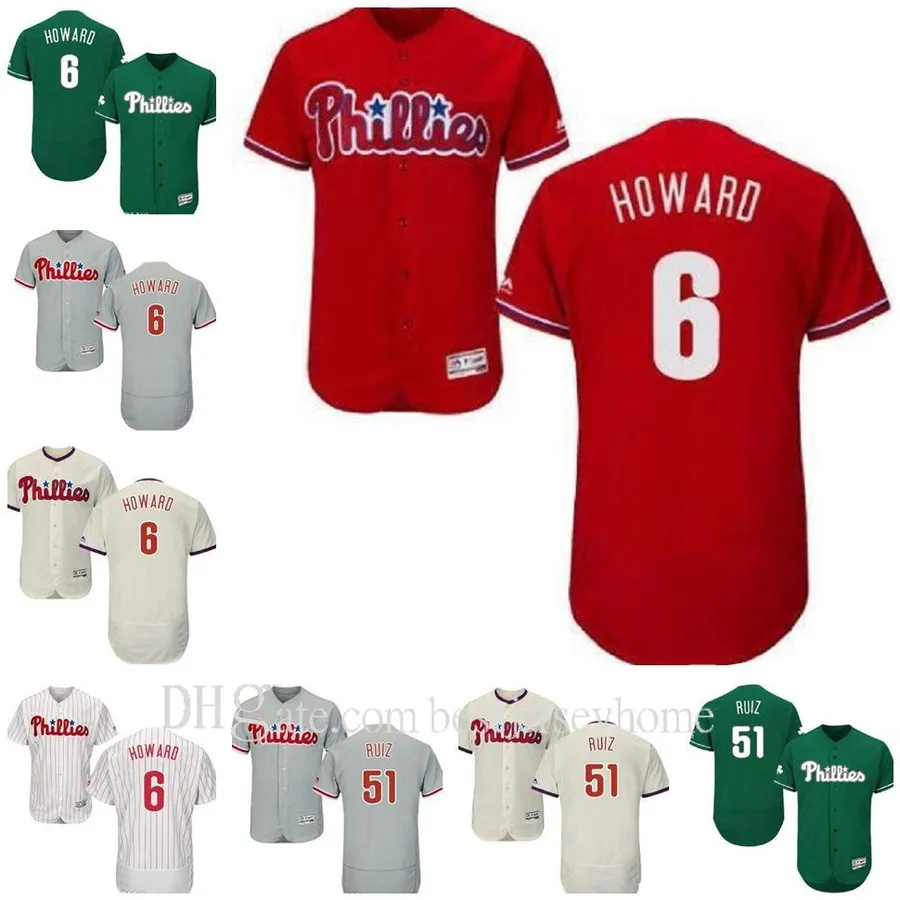 Jersey Baseball Men Men Kobiet Młodzież Phillies koszulka #6 Ryan Howard 26 Chase Utley 51 Carlos Ruiz Home Red Black Grey Białe Dziewczyny Oddychaj