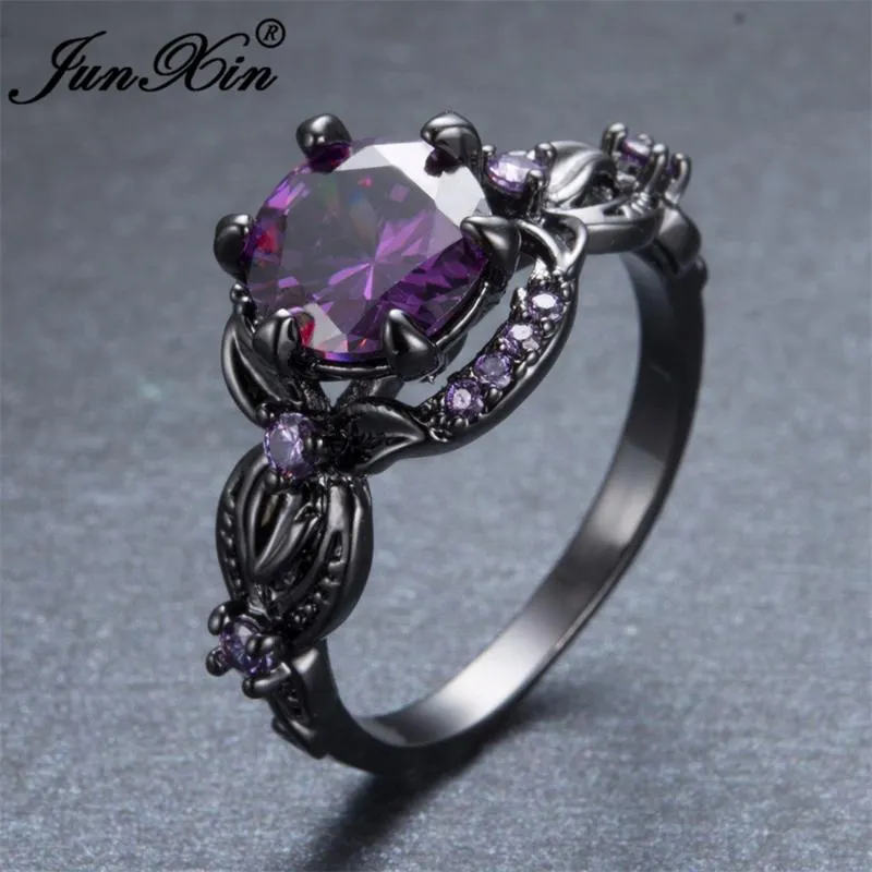 Wedding Rings JUNXIN Women Lady Flower Shape Purple Zircon Ring Black Gold Filled Party Engagement Promise Elegant Jewelry