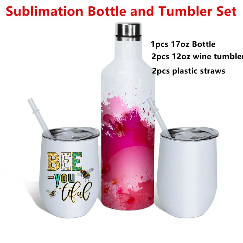 3 SZTUK Sublimacja Tumbler Izolowana butelka i kubek Zestaw kieliszków do wina Set 25oz butelki wina i 2 sztuk 12 uncji kubek wina z pokrywką i słomkami DIY