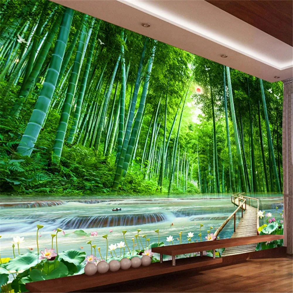 Sfondi per pareti camera da letto Bamboo Foresta Bambù Bridge Bridge Green Tree Water Wallpapers Murale Home Decor