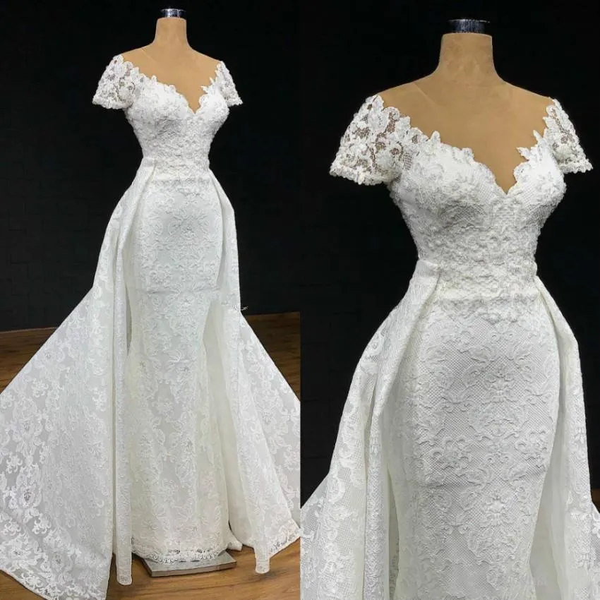 Dubai Arabic Gorgeous Luxury Plus Size Princess Mermaid Wedding Dresses with Detachable Train Lace Applique Sheer Jewel Neck Bridal Gown Robe De Mariée Custom Made