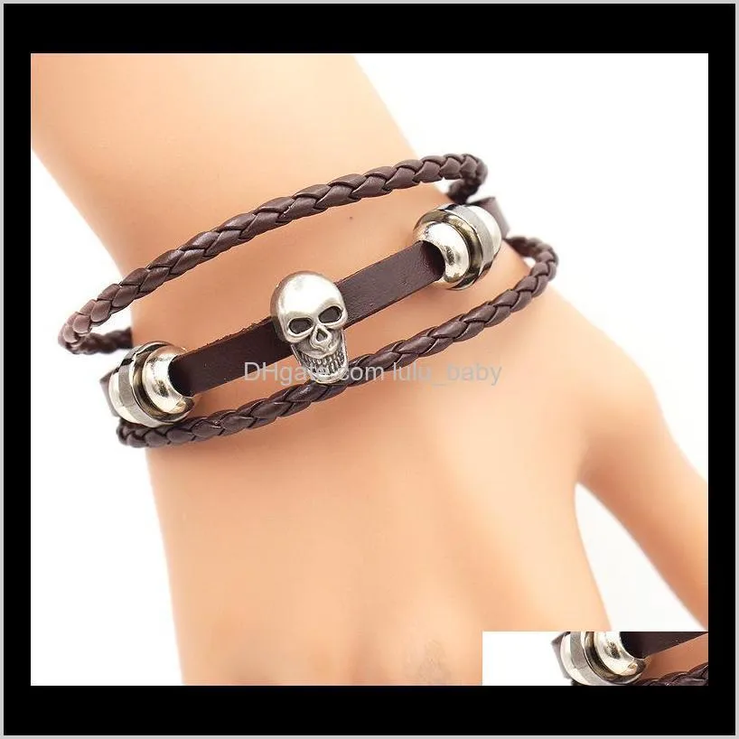 vintage bracelets men fashion black leather skeleton skull charm bracelets bangles jewelry male multilayer hand rope pulseira d