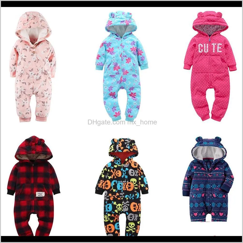 baby winter hooded rompers newborn boy girl clothes jumpsuits dinosaur plaid camouflage dots striped halloween christmas 3-24m