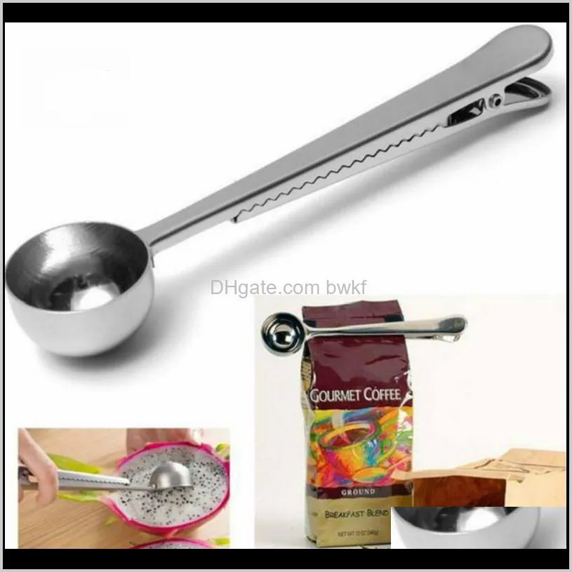 1pc durable stainless steel spoon withbag clip ground tea coffee scoop with portable bag seal clip powder measuring tools