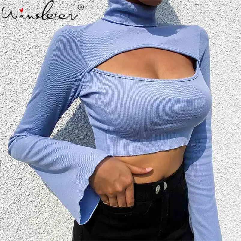 Primavera azul tshirt mulheres turtleneck oco out peito desencapado tops sexy flare manga colheita curto t-shirt t0d321a 210421