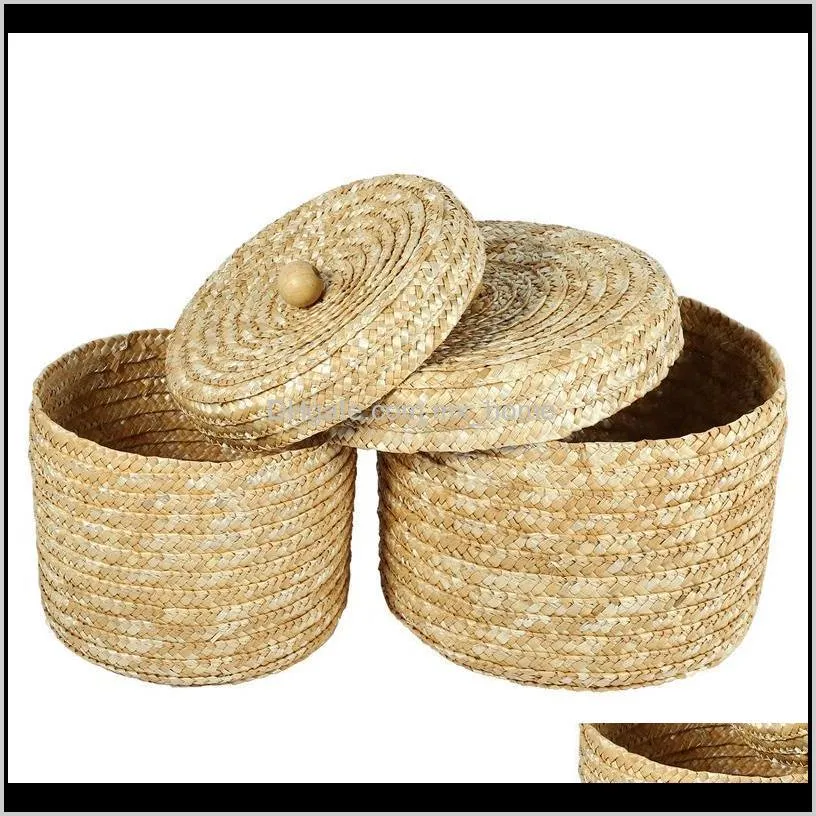 handmade straw woven storage basket with lid snack organizer box laundry baskets rattan flower baske