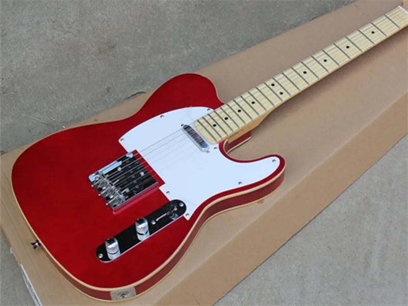 高品質のカスタムショップ赤テレキャスター自然電気ギターテレベースウッドボディドットインレイメープルフィンガーボールホワイトPickguard Chromeハードウェア