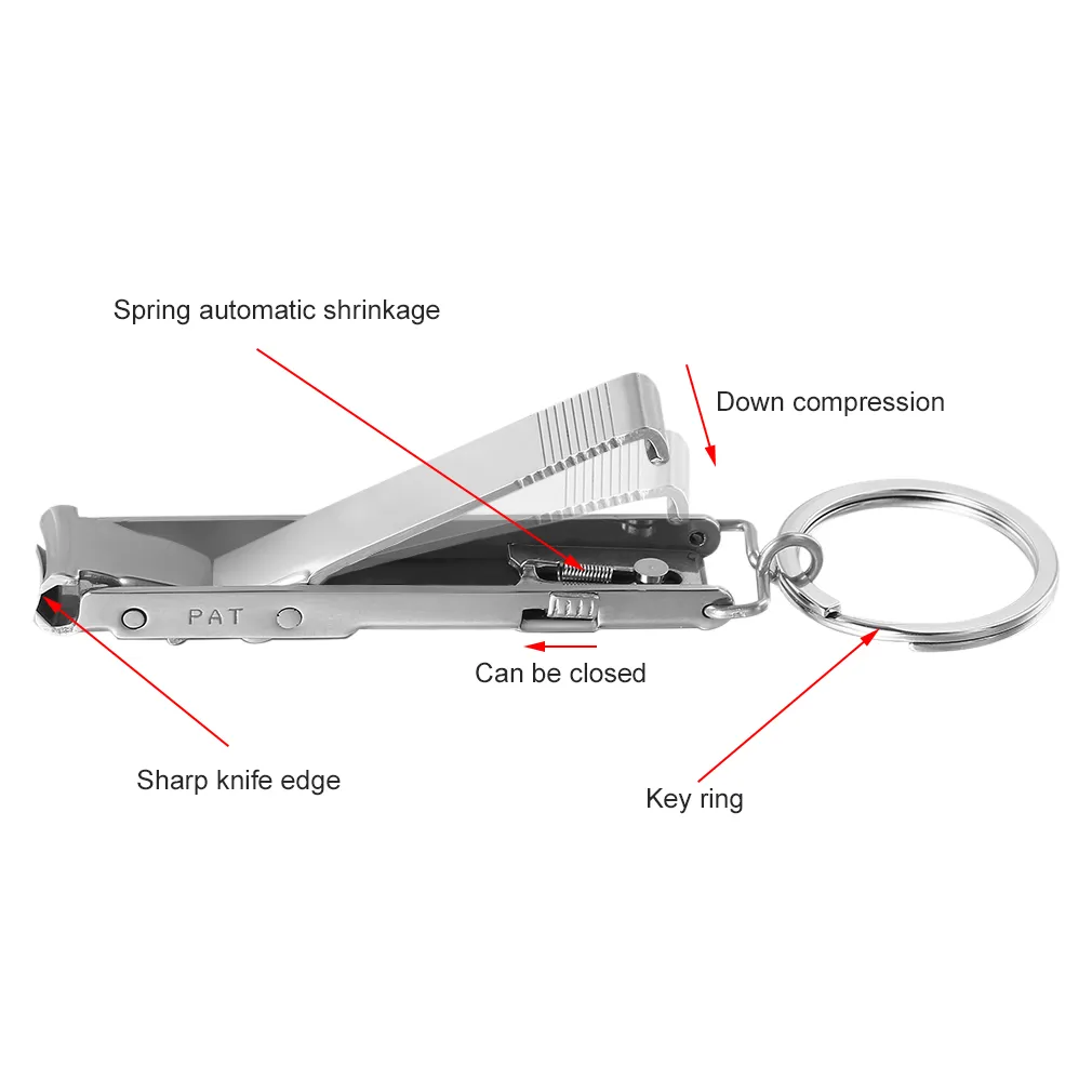 Coupe-ongles ultra-mince pliable en acier inoxydable avec coupe-ongles porte-clés coupe-ongles argent