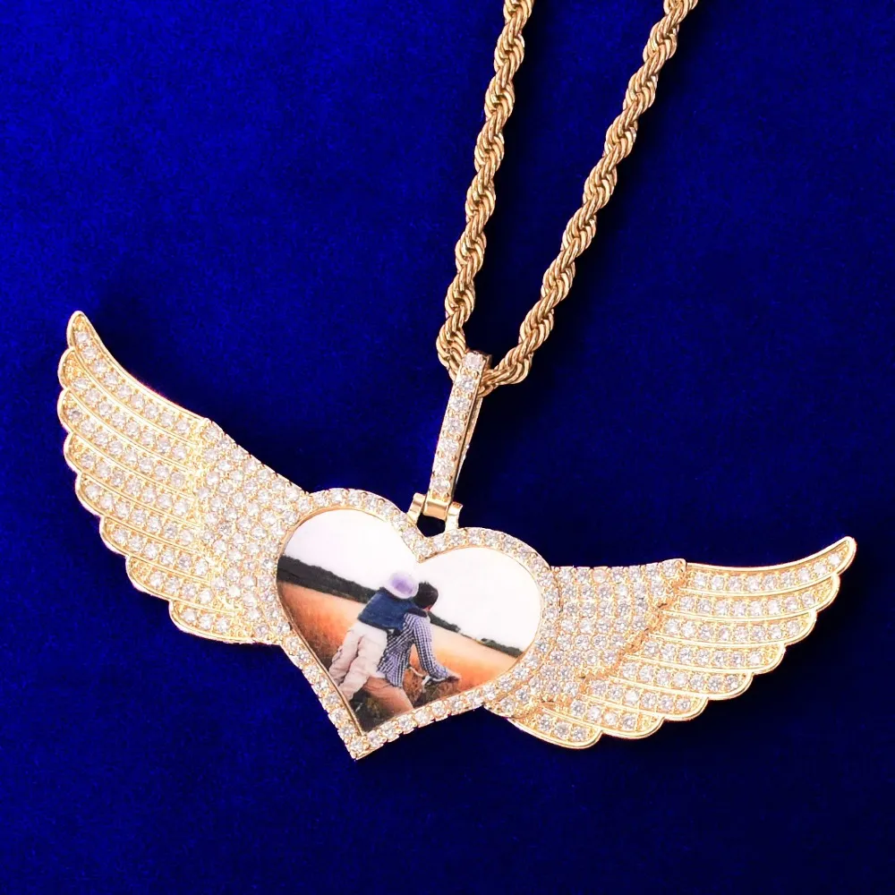 Nach Maß Foto Herz mit Flügeln Medaillons Halskette Anhänger Seil Kette Gold Silber Farbe Kubikzircon Herren Hip Hop Schmuck