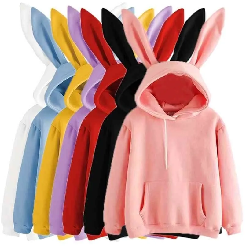 가을 겨울 여성 후드 kawaii 토끼 귀 패션 hoody 캐주얼 색상 여성을위한 솔리드 컬러 따뜻한 스웨터 후드 210813