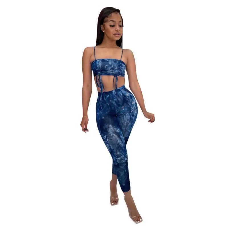 Zomer Sexy Tweedelige Set Club Outfits voor Dames Festival Kleding 2021 Print Crop Top and Pants 2 PEICE SET DAMES MATCHING SETS Y0625