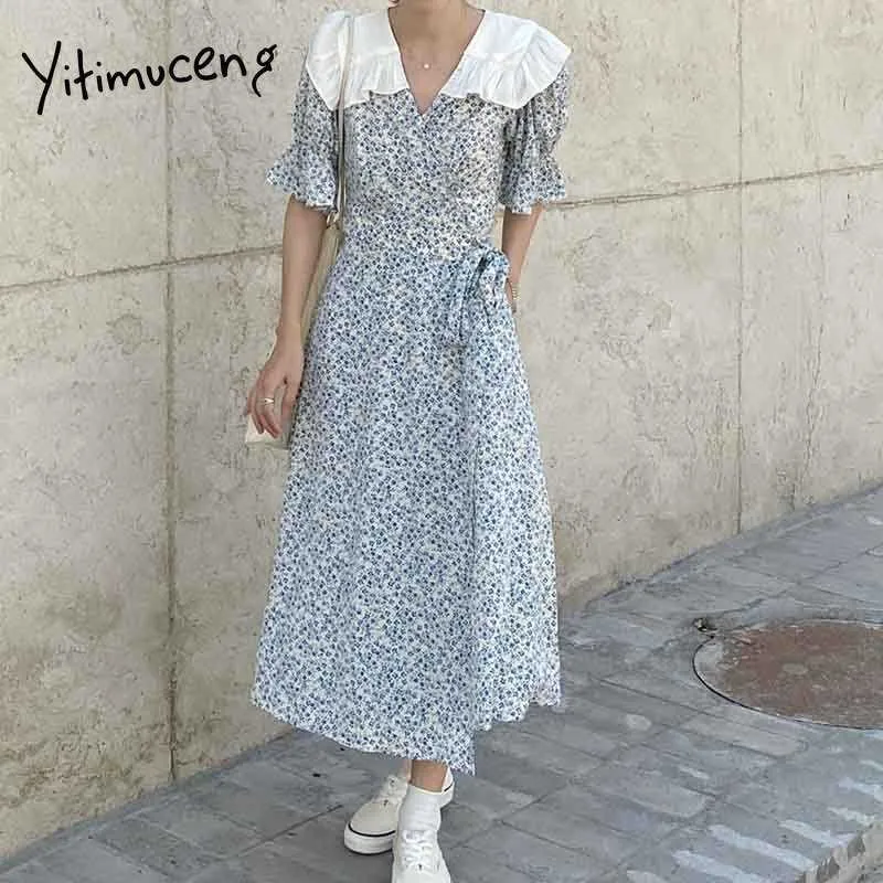 Yitimuceng Boho Floral Print Dresses Women Lace Up High Waist Short Flare Sleeve Blue Summer Fashion Elegant Midi Dress 210601