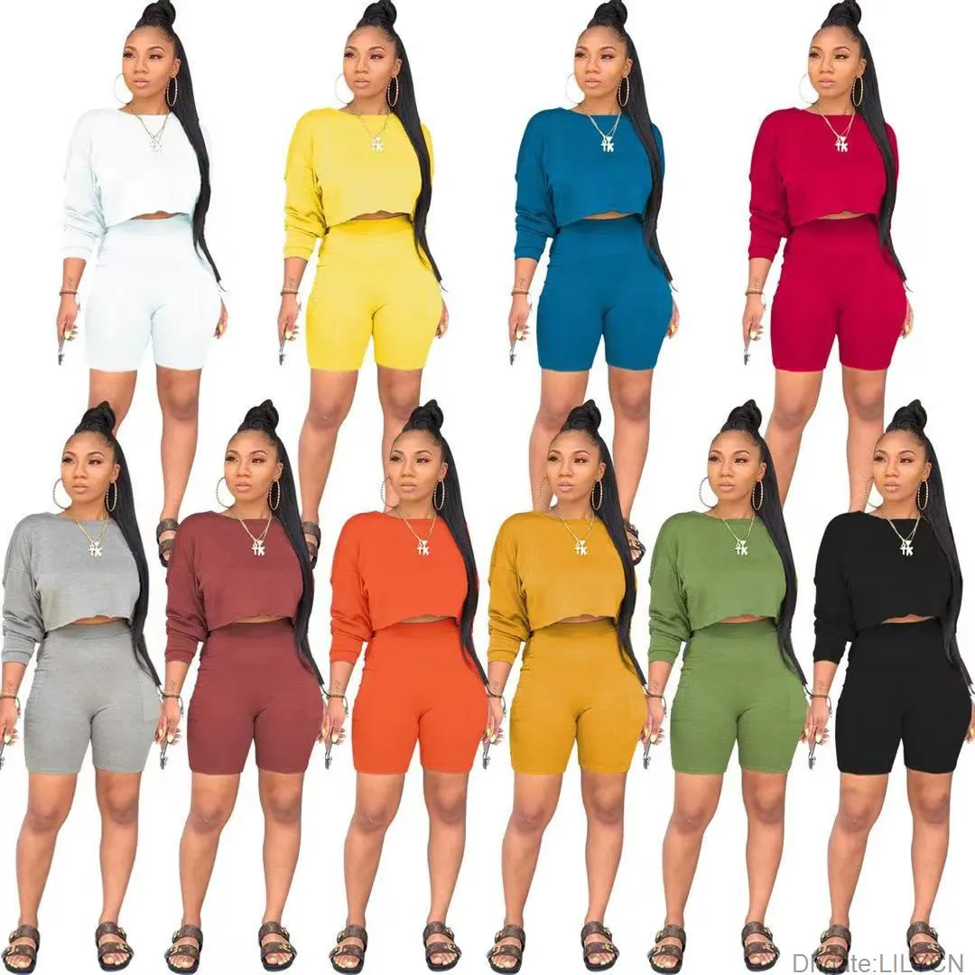 Women Dress Two Piece Outfits Tracksuit Long Sleeve Crop Top and Biker Shorts Sweat Suits Fall Clothes Matching Sets Motorcycle sportwear