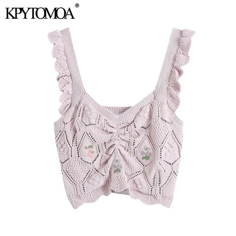 KPYTOMOA Frauen Fashion Floral Stickerei Cropped Gestrickte Tank Tops Vintage Breite Träger Mit Rüschen Weibliche Camis Mujer 210623