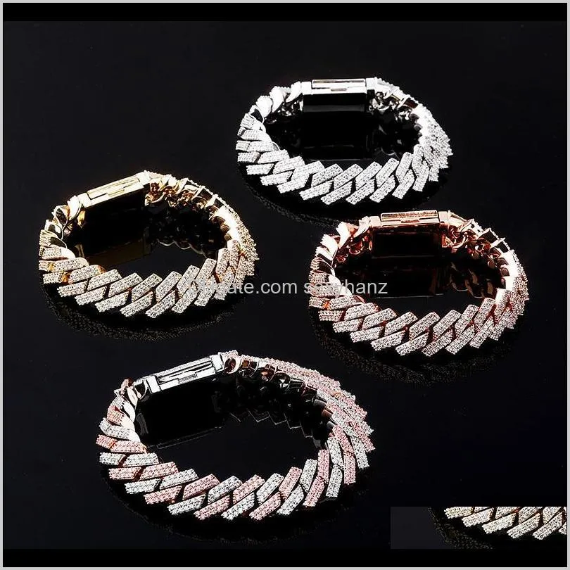 Link Chain Design 14Mm Ice Out Diamond Cuban Bracelet In Yellow Gold Hip Hop Jewelry For Men And Women Gifts Enqt2 Lrdut