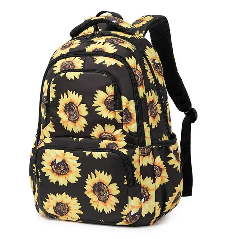 Sunflower Print Laptop Ryggsäck Med Reflekterande Strip Floral Girls Bookbags Kvinnor Casual DayPack Lightweight School Bag College