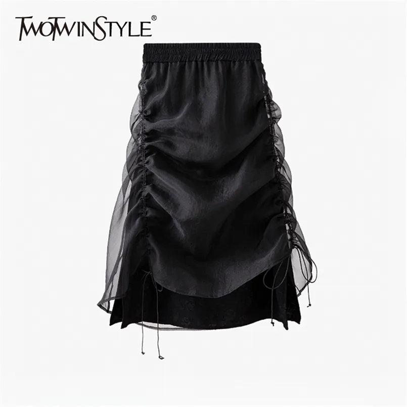 Jupe de cordon noire décontractée pour femmes élastique taille haute froncée jupes midi mince femme style de mode d'été 210521