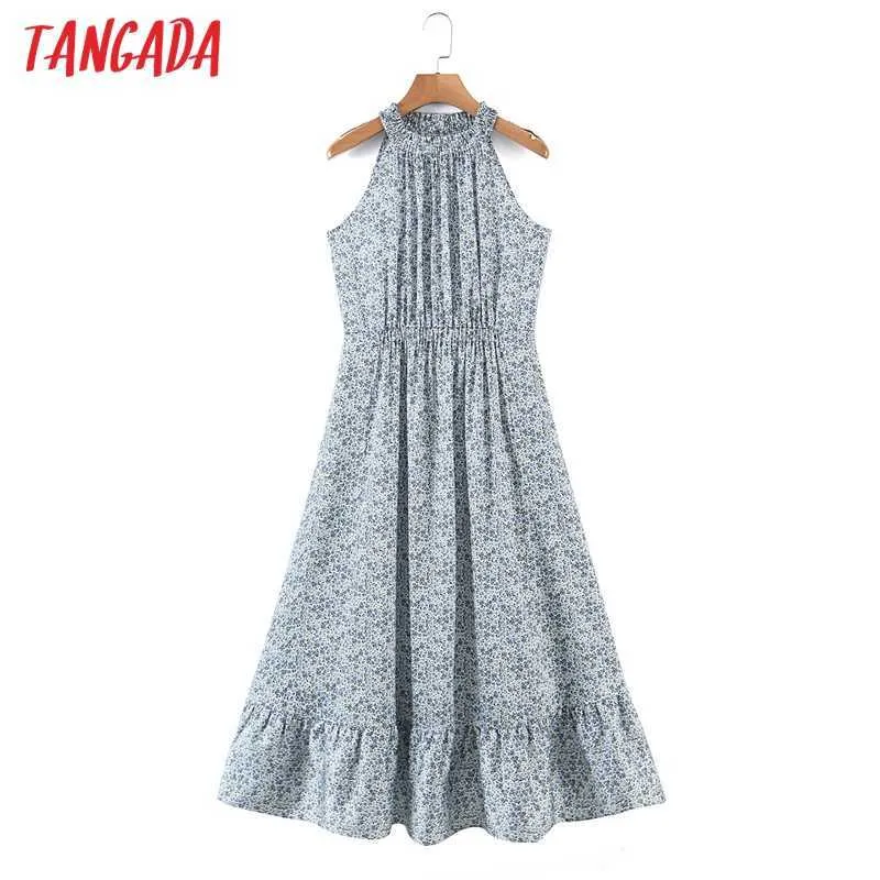 Tangada Summer Fashion Women Flowers Print Halter Dress Sleeveless Ruffles Female Casual Long Dress SL06 210609