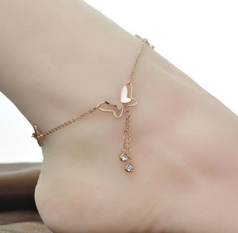 Hot Temperament Butterfly Single Drill Tassel Anklets för Tjej Kvinnor Koreanska Mode Tillbehör Partihandel