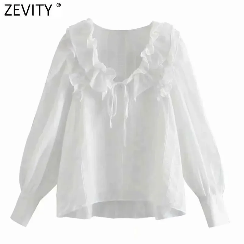 Wiosna Kobiety Kaskadowanie Ruffles V Neck White Smock Bluzka Kobieta Lace Up Casual Sweet Koszulki Chic Blusas Topy LS7511 210416