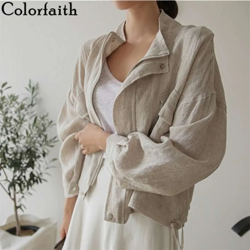 Colorfaith Summer Autumn Women's Jacket Stand Collar Casual Pockets Cargo Cotton and Linen Zipper Short Tops JK8196 210928