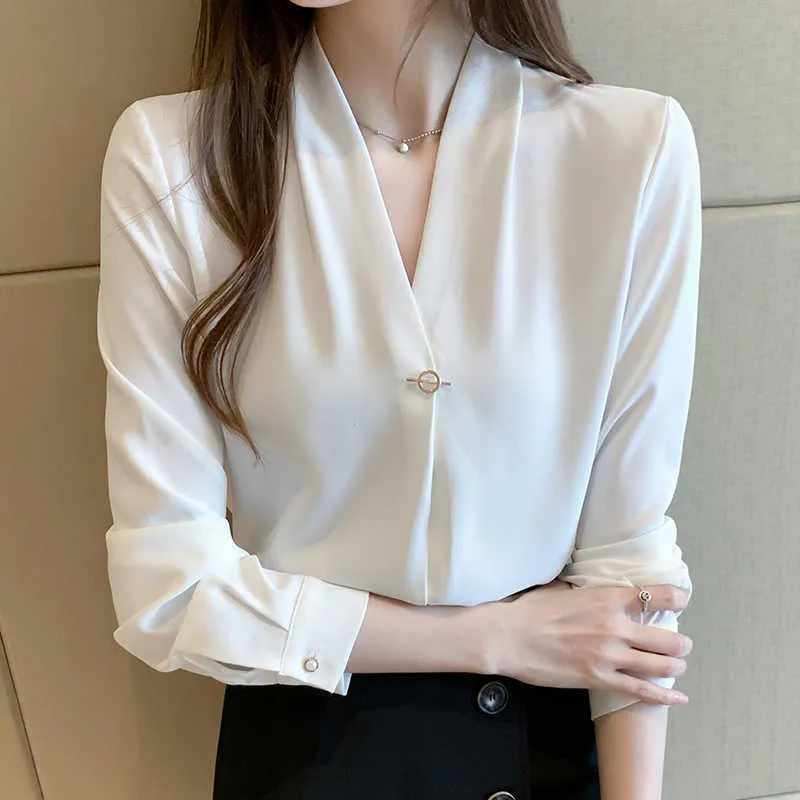 Korean Chiffon Women Blouses Office Lady White Shirt Long Sleeve Shirts Woman V Neck Blouse Plus Size Blusas Mujer De Moda 210531