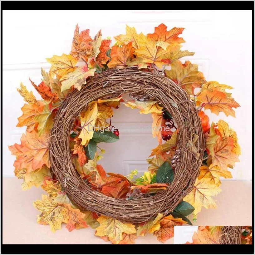 Autumn Theme Door Wreath Artificial Pumpkin Berries Pine Cone Maple Manmade Garland Cloth Rattan Material Home Decoration Suppli1