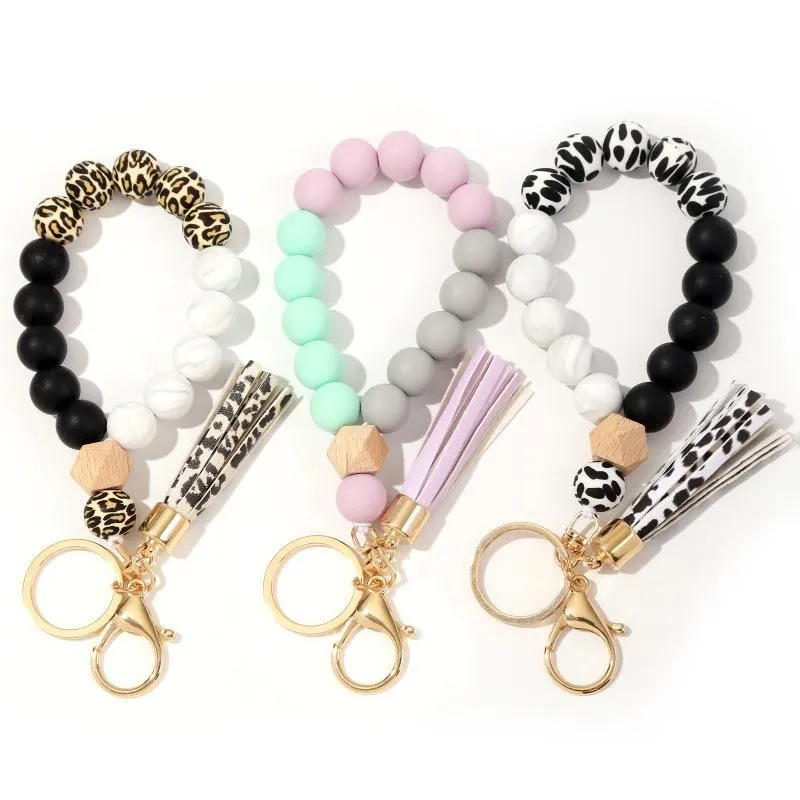 Keychains Wristlet Keychain Bracelet Silicone Beads Keyring Handmade Womens Key Holder Wrist Strap Gifts