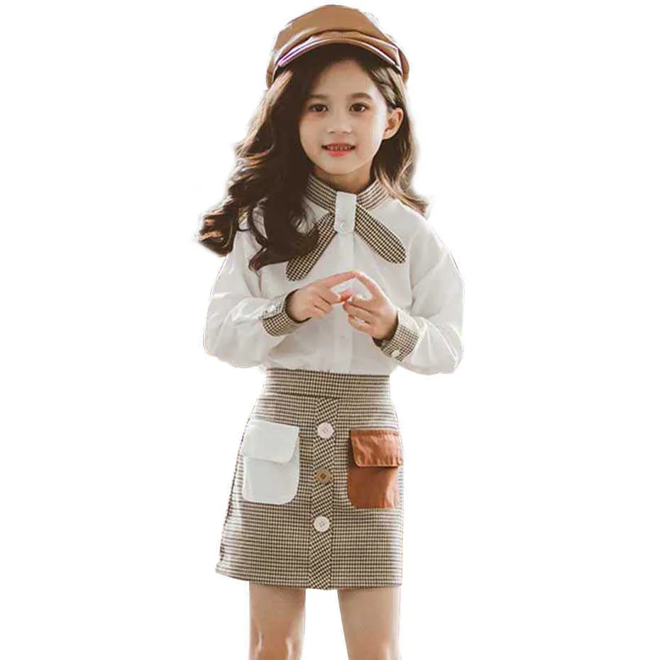 Frühlingskleidung für Mädchen Plaid Rock Shirt 2 Stück Kinder Langarm Sets Herbst Formal 6 8 10 12 14 210528