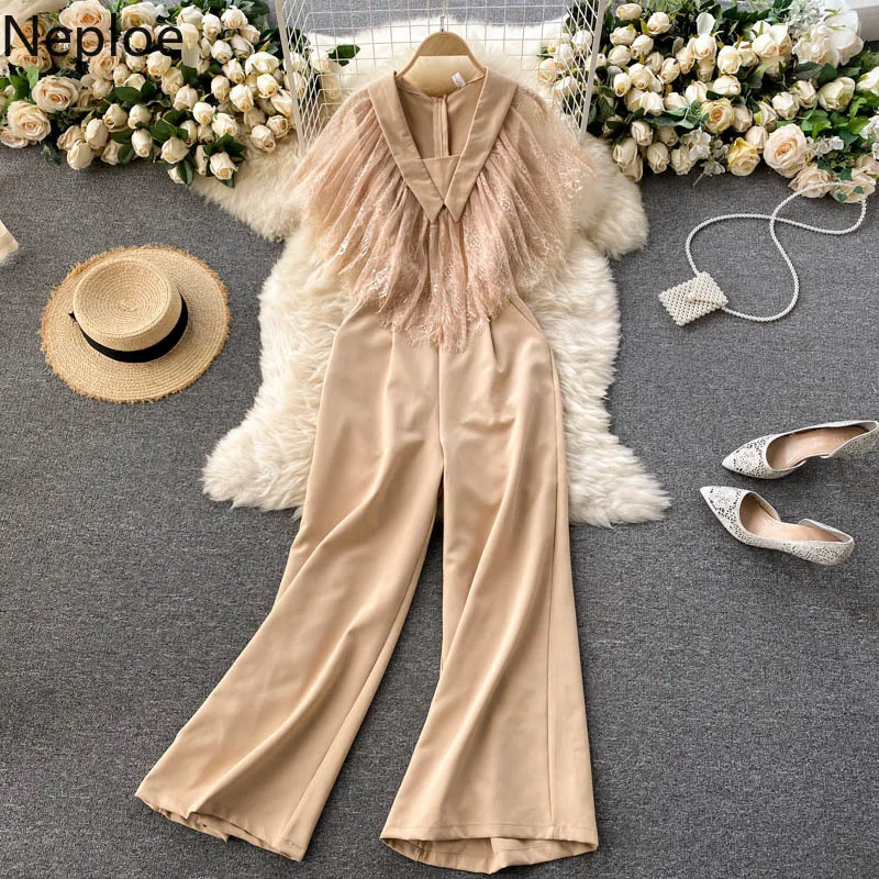 Neploe Women Jumpsuits Vintage Lace Ruffle Patchwork Tank Rompers Elegant V Neck Sleeveless Summer Beach Slim Wide Leg Pants 210422