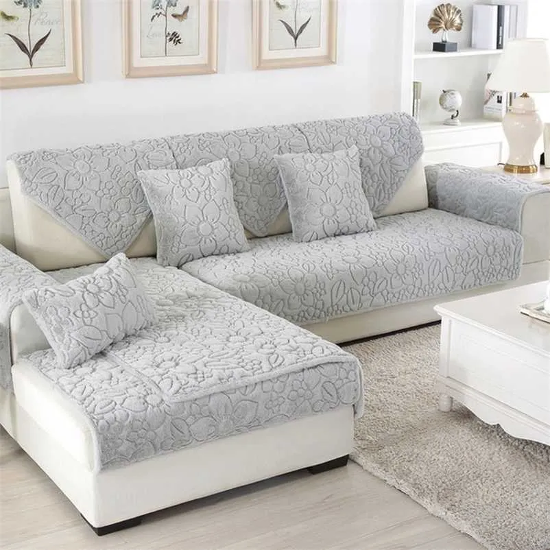 Pluche stof Sofa Cover voor Woonkamer 4 Kleuren Kussen Covers Seat Slipcover Hoek Sofa Handdoek Antislip Winter Couch Cover 211102