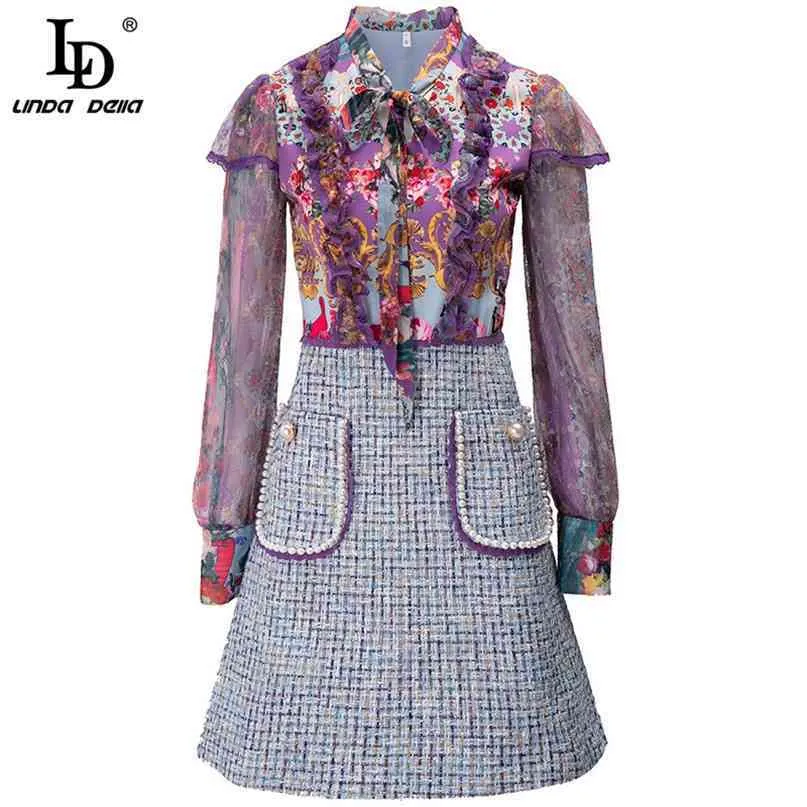 Créateur de mode d'été Vintage robe femmes élégant noeud papillon imprimé fleuri poche Tweed Patchwork court 210522