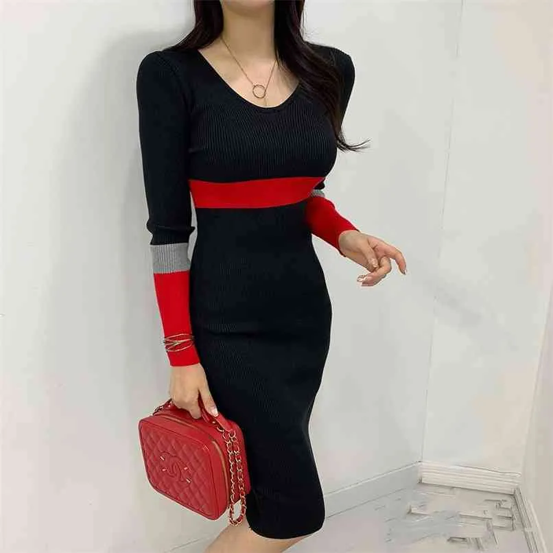Moda vestido feminino venda outono venda cor costura em v-pescoço apertado bairro de malha casual slim suéter 210520